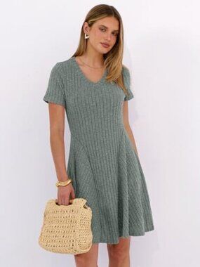 🆕 Womens Summer Dresses Casual Short Sleeve Ribbed Knit V Neck Swing A-Line